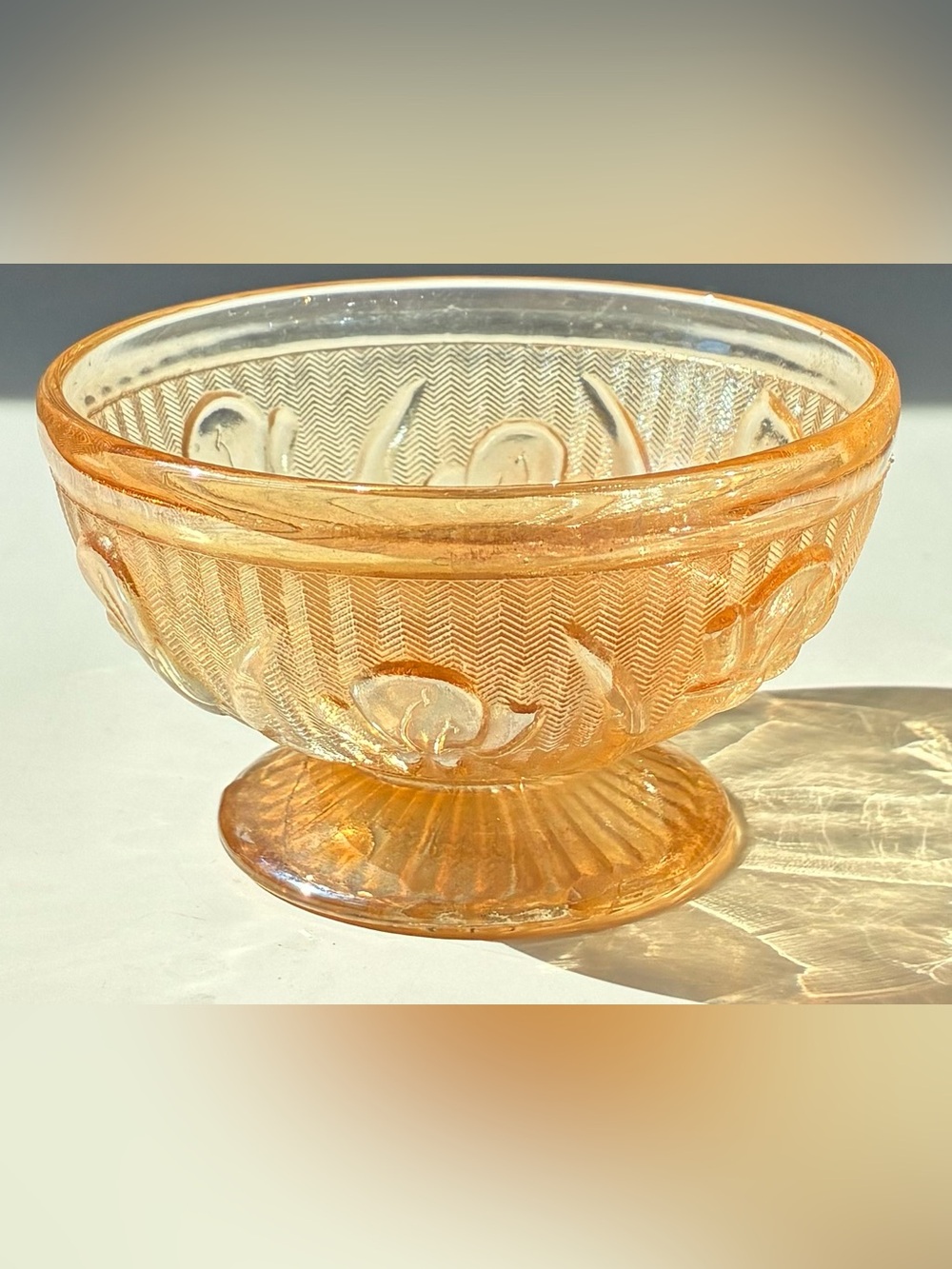 Vintage Jeannette Carnival Glass Iris & Herringbone marigold Sherbet Dish
